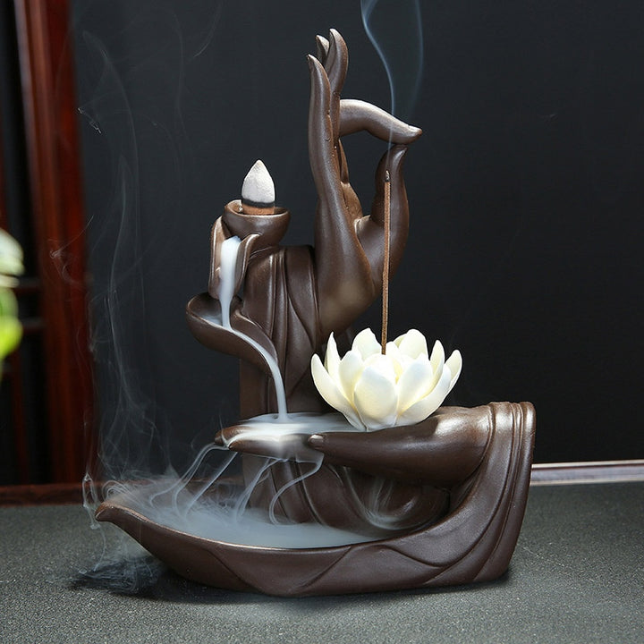 Traditional Buddha Hand Incense Burner Flower Lotus Smoke Waterfall Backflow Incense Burner Elegant Lotus Incense Holder Crafts